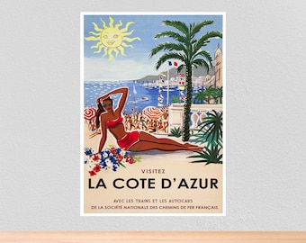Vintage Travel Poster French Riviera, Vintage Travel Print of Cote d'Azur French Riviera, A4, A3, 12x16, 12x18,