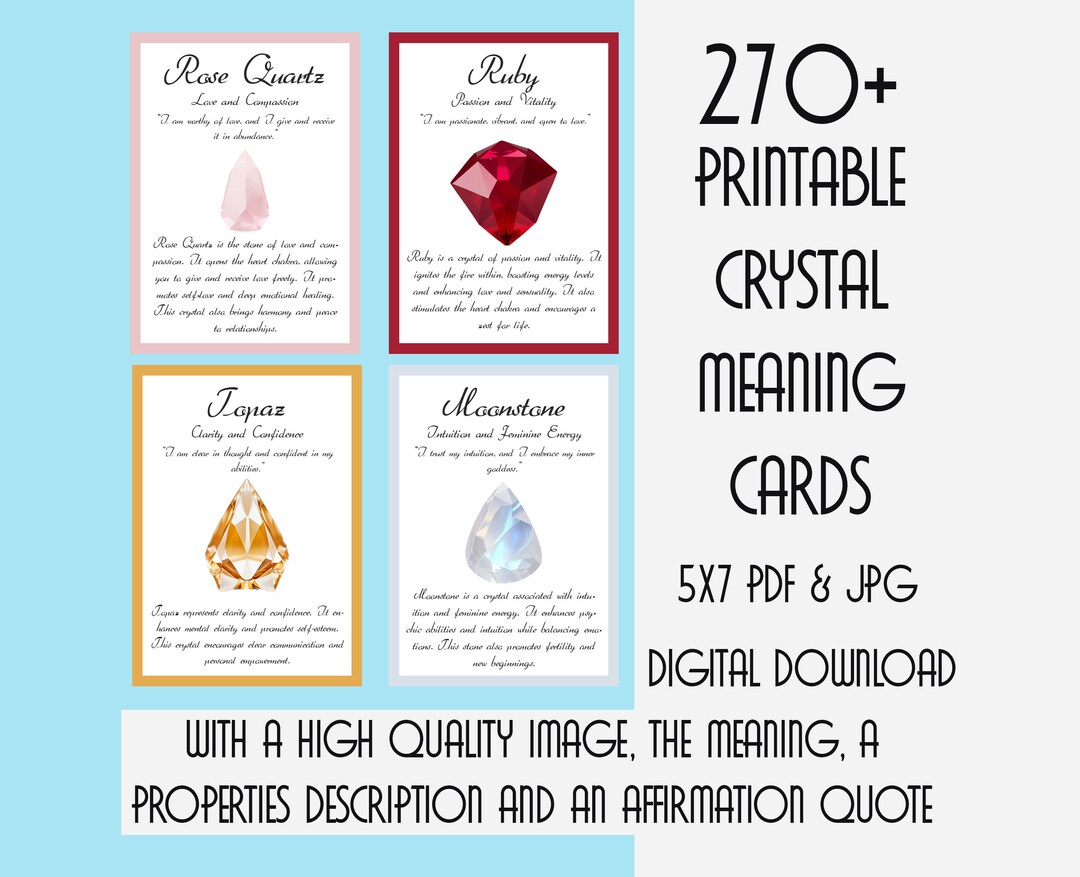 270 Crystal Meaning Cards, Downloadable PDF and JPG Printable Crystal ...