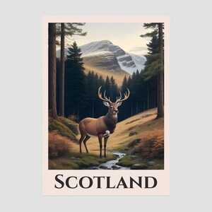 Poster de voyage de l&#39;Écosse, inspiré du train britannique, impression d&#39;un cerf dans les forêts des Highlands écossais