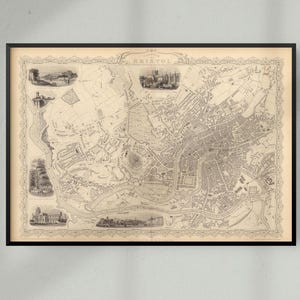 Mapa histórico vintage de Bristol, impresión de mapa histórico vintage de Bristol, suroeste de Inglaterra, Reino Unido.