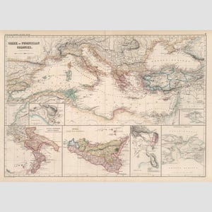 May include: An antique historical map titled Greek and Phoenician Colonies, featuring the Mediterranean region with detailed coastlines, topography, and regional borders in muted earth tones. Includes smaller inset maps of Sicily and surrounding areas.
