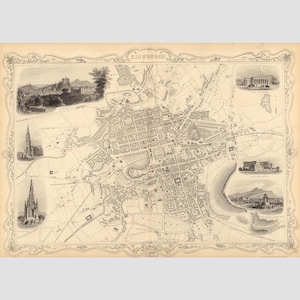 Puede incluir: Un mapa de estilo vintage en tonos sepia de Edimburgo con un intrincado trabajo de líneas, un borde decorativo y el texto "EDINBURGH" en la parte superior central. El mapa incluye trazados de calles detallados y cuatro viñetas de monumentos.