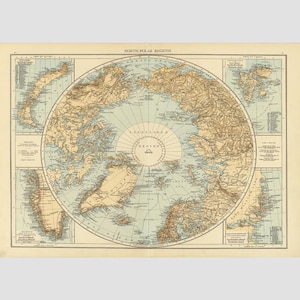 May include: A vintage-style map titled North Polar Regions featuring a central circular projection of the Arctic. The map displays landmasses in tan and water in light blue, with detailed coastlines, geographical labels, and text boxes.