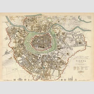 May include: An antique-style map of Vienna, Austria, featuring a detailed street layout, a winding river, and a central fortified area outlined in red. The map includes the text VIENNA WIEN, a legend, and small architectural illustrations at the bottom.