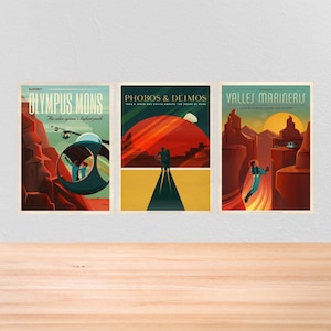 Retro Space Poster Set, Set of 3 SpaceX Space Posters of Mars, Retro Space Prints, A4, A3, 12x16, 12x18, ,