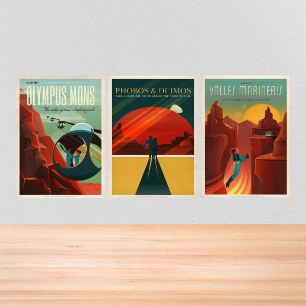 Retro Space Poster Set, Set of 3 SpaceX Space Posters of Mars, Retro Space Prints, A4, A3, 12x16, 12x18, ,