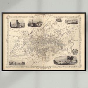 Carte historique vintage de Glasgow, impression de carte historique vintage de Glasgow, Écosse, Royaume-Uni