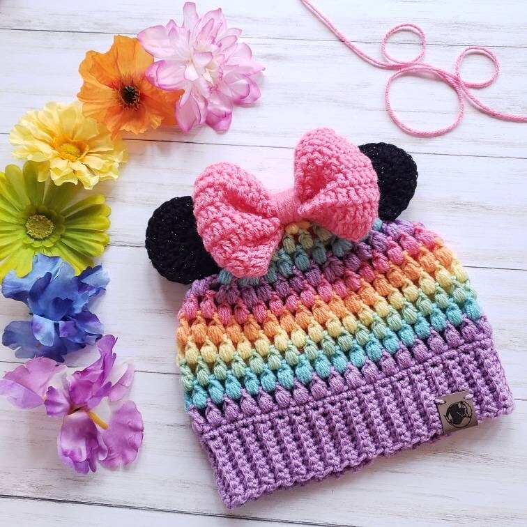 Minnie Mickey Mouse Bun Beanie Hat Bow 