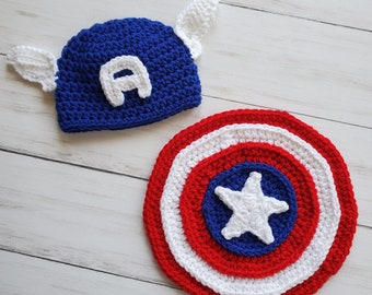 Casco y escudo del Capitán América a crochet para recién nacido, accesorio fotográfico para bebé