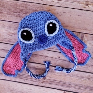 Stitch from Disney&#39;s Lilo and Stitch Crochet Hat Beanie with Ear Flaps, Newborn Baby Infant Photo Prop, Halloween Costume, Baby Shower Gift