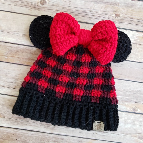 Minnie Mickey Mouse Bun Beanie Hat Bow 