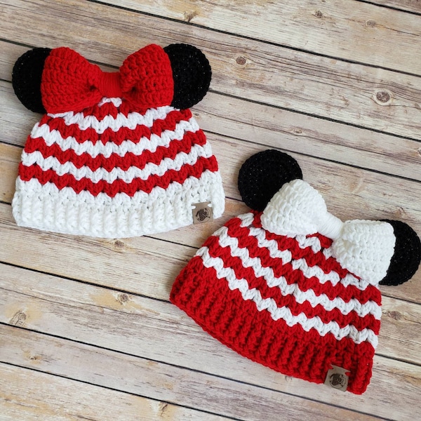 Minnie Mickey Mouse Bun Beanie Hat Bow Custom Womens Adult Girls Child Baby Infant Disney Disneyland