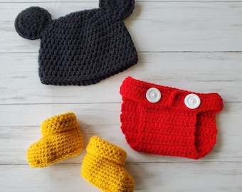Crochet Mickey Mouse Outfit Newborn Baby Infant Photo Prop Booties Diaper Cover Shorts Costume Halloween