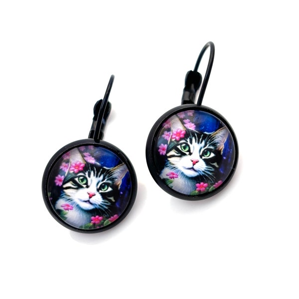 Very Cute Cat Picture Earrings, Black Plated, Cat Lovers Drops, Kitty Jewellery, Gift for Her, Earrings for Women
