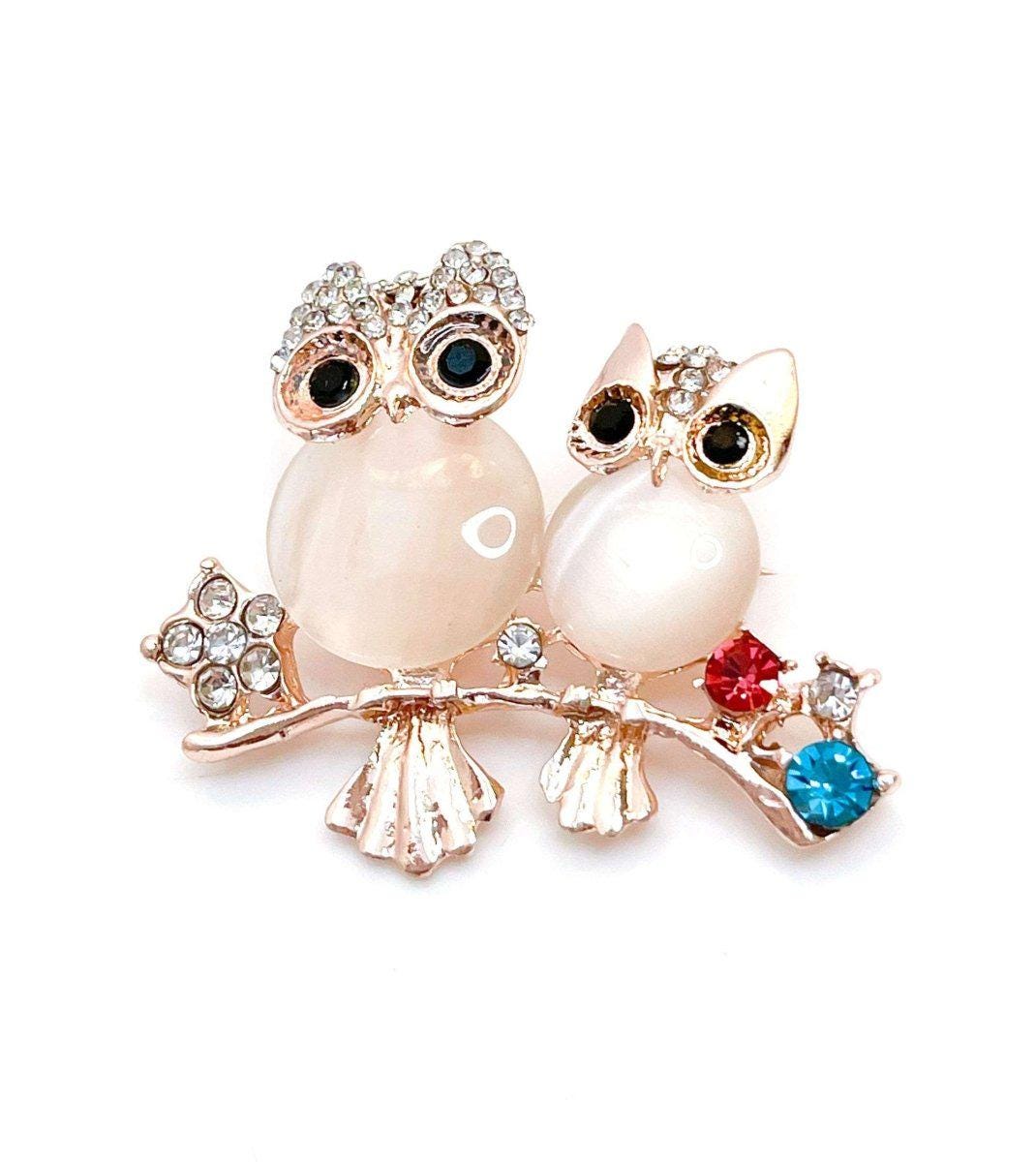 Cute Opal Owls Brooch, Mother and Baby Owl on a Branch Pin, Gift for Her