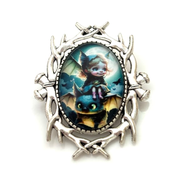 Woodland Elf Fairy Brooch, Silver Tone, Fantasy Pin, Cabochon Picture Jewellery, Oval Jacket Pin, Brooches for Women