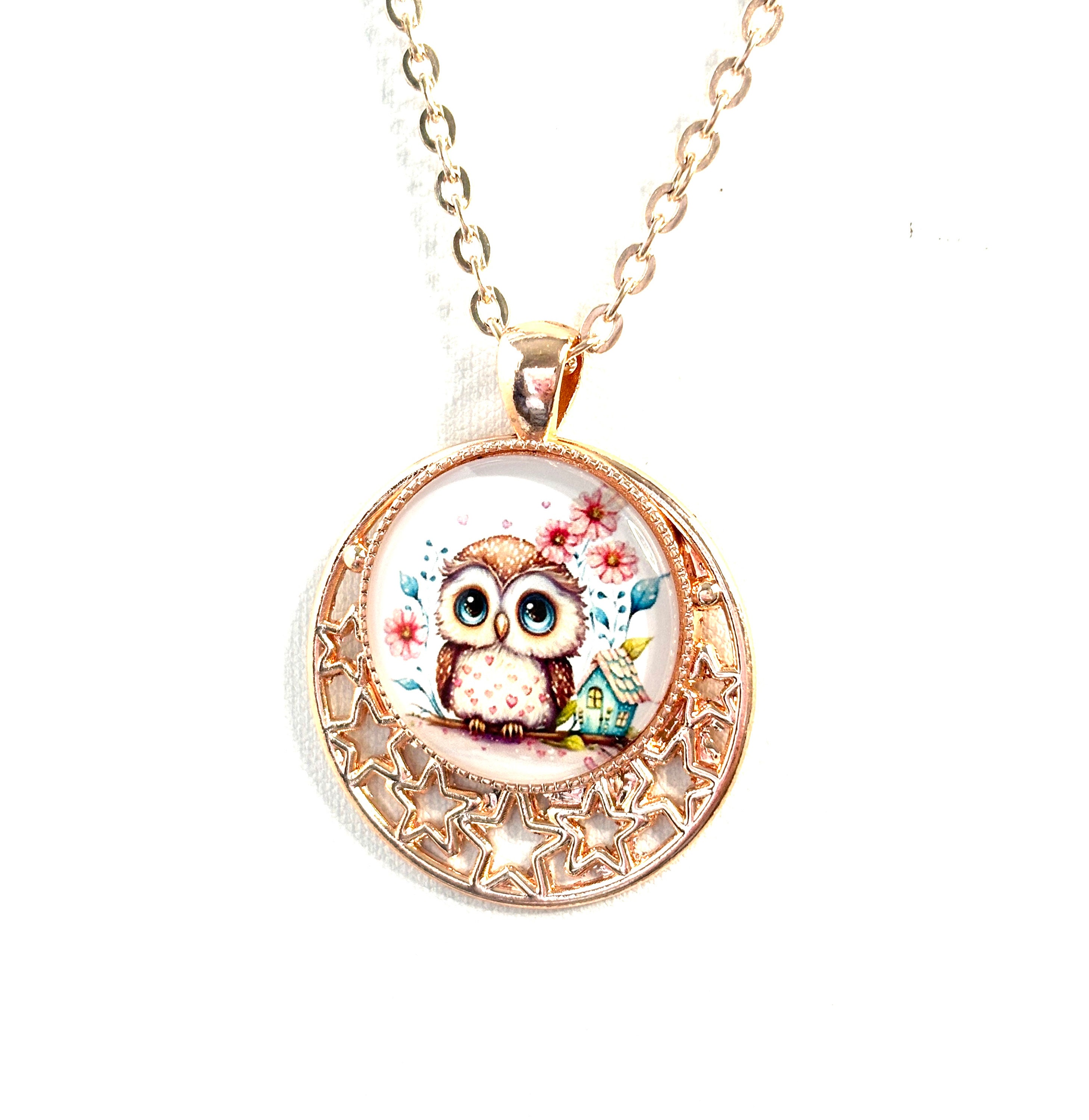 Rose Gold Owl Pendant, Baby Owl Cabochon Necklace, Gift for Her