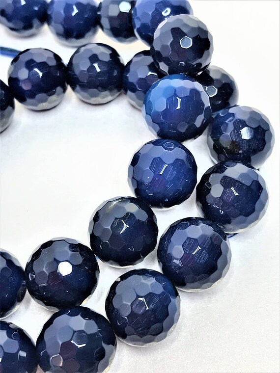 Dark Blue Faceted Agate Beads 12mm Rounds Blue Gemstones Blue | Etsy