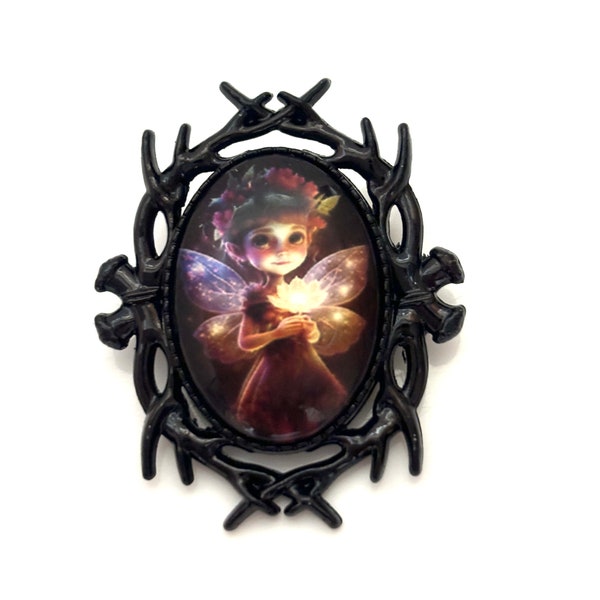 Elf Fairy Brooch, Black Plated, Fantasy Woodland Pin, Cabochon Picture Jewellery, Oval Jacket Pin, Brooches for Women