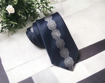 HmongTies.Com - Hmong Tie - #John - Navy with silver elephant embroidered - 3 inch tie hmongcreations.etsy.com