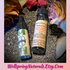 May include: Two small glass bottles with blue liquid and droppers. The bottles have labels that say "Wellspring Naturals FMS SOS Essential Oil Diffuser Blend 8 ml." The labels also list ingredients and a website address.