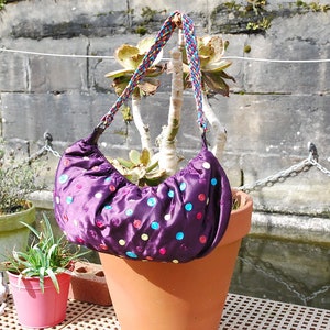 Vintage Ollie & Nic Purple Satin Bag With Emboidered Polka Dots. Includes Coin Purse. Mint Condition