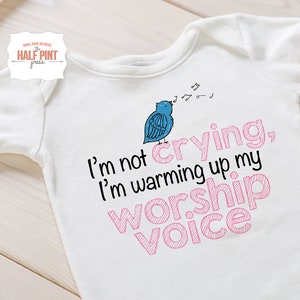 Christian Baby Onesie: "Warming Up My Worship Voice" - Pink Cotton