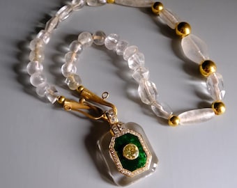 Art Deco Jade Diamond Quartz Pendant 22k