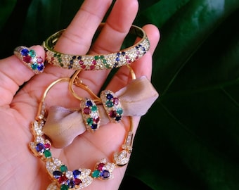 Full Set Tutti Frutti Necklace Ear Ring Bangle Vintage Jewelry 18k