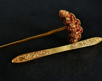 Antique 24k Gold Fan Chinese Hair Stick Pin