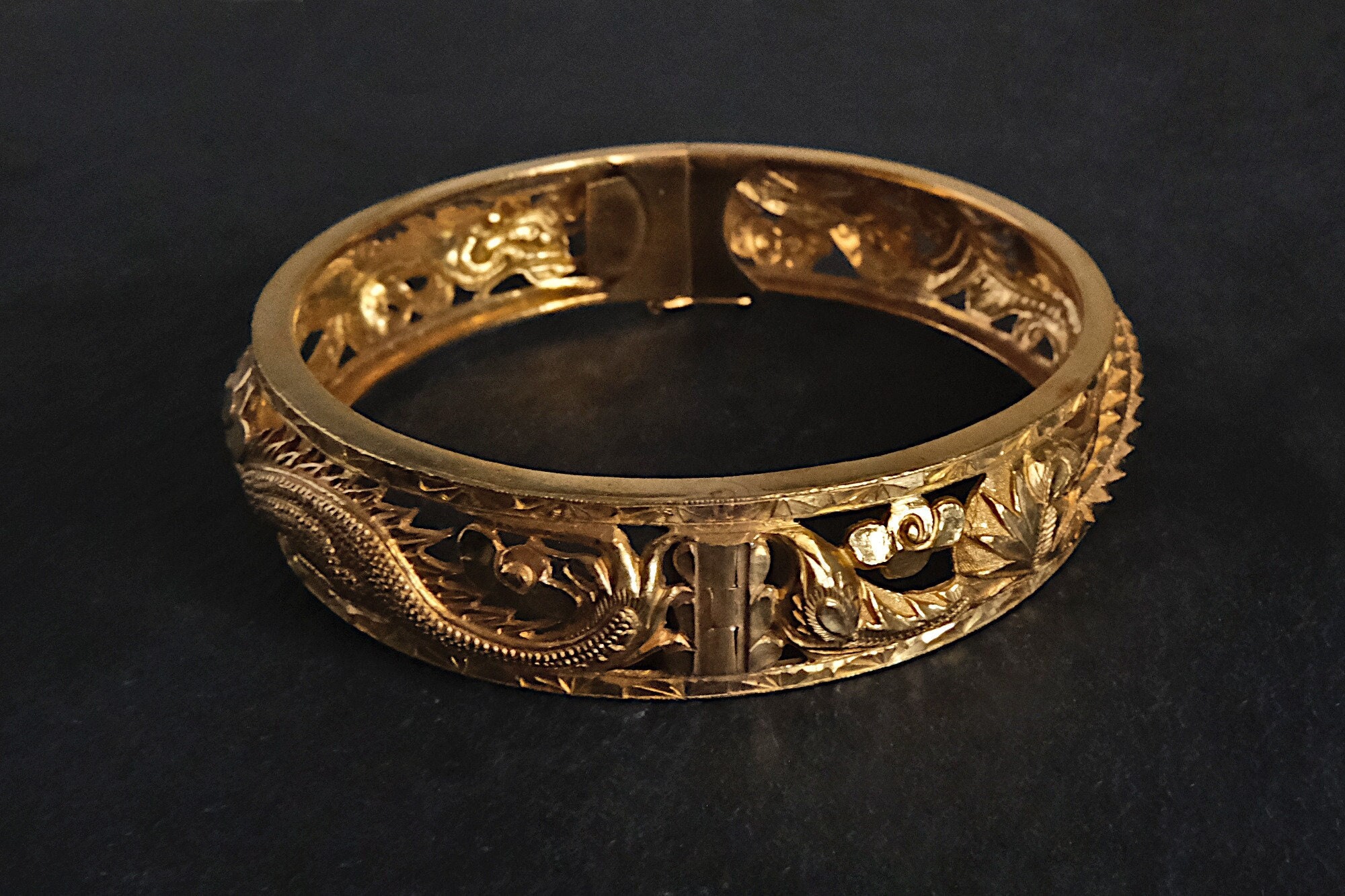 19th Century Dragon Phoenix Carved Gold Bangle