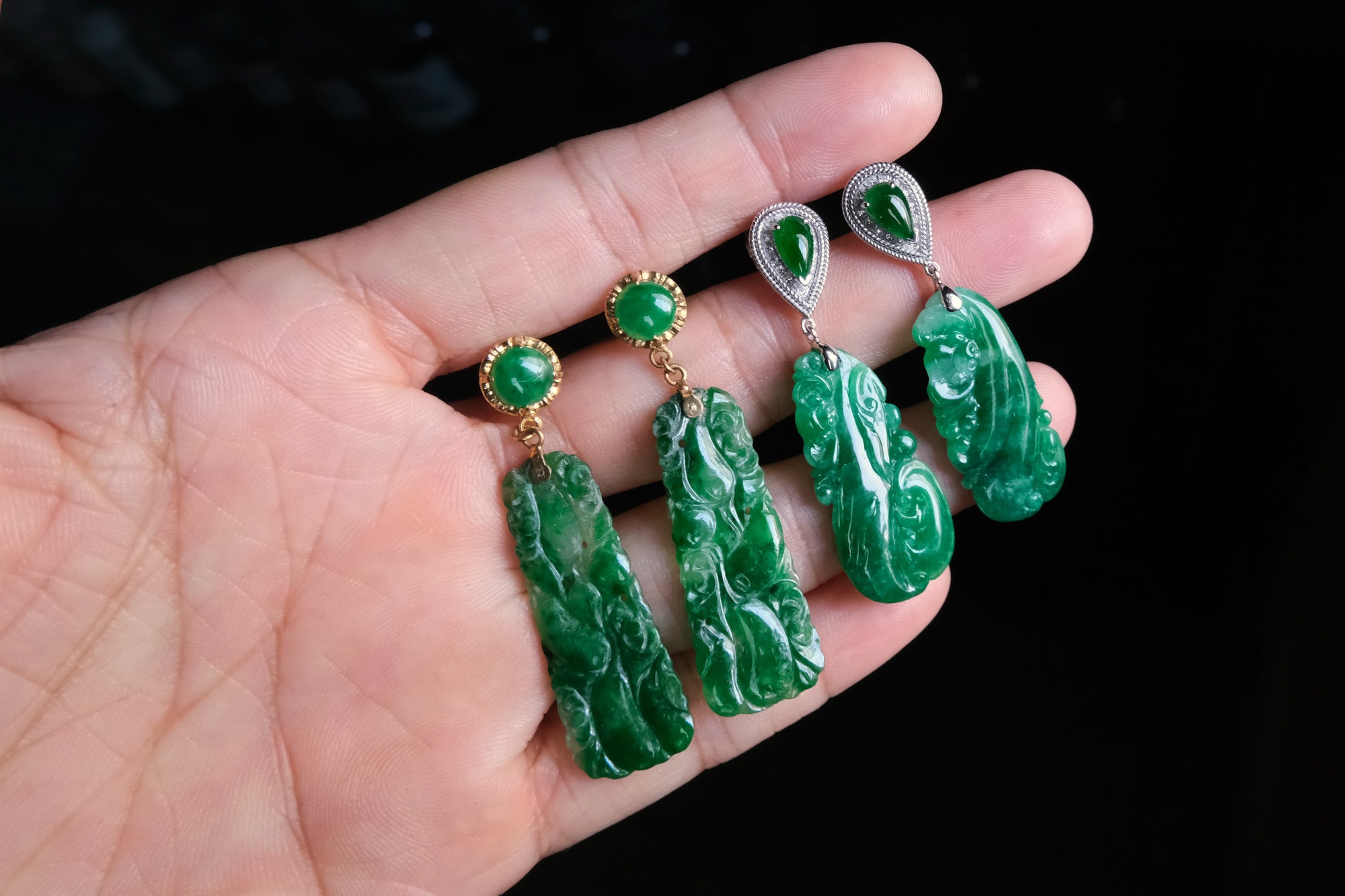 Art Deco Carved Jade Earrings Drop 18k - Etsy