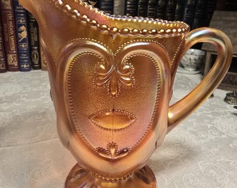 Antique Marigold Carnival Glass Pitcher in the Jeweled Heart