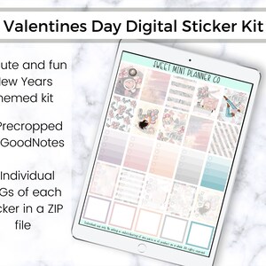Valentines Day Digital Sticker Kit, Precropped GoodNotes, individual PNG, digital planner stickers, NoteShelf, Pink, Purple, Pastel