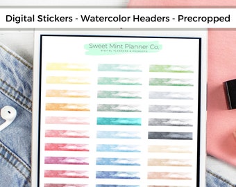 Digital Planner Stickers, Watercolor Headers, Precropped GoodNotes, Transparent background, Digital Sticker Kit, Notability, Noteshelf, Xodo