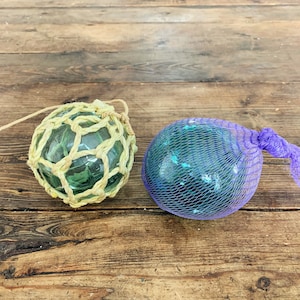 Vintage Pair of Aqua Green Hand-blown Glass Fishing Floats Nautical Décor