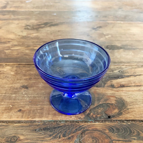 Set of 6 Blue Glass Moderntone Hazel Atlas Dessert Cups/Coupe shaped Pedestal Blue Custard, Ice-Cream Cups