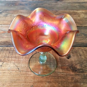 Small Vintage Fenton Orange Tree Pattern Compote with Green Stem/Orange Carnival Glass Small Pedestal Candy Dish/Compote