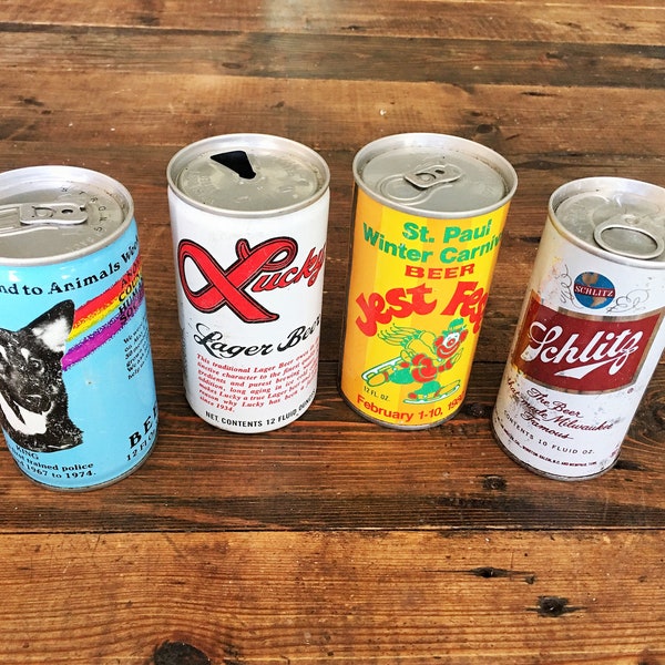 Collection of 4 Vintage Steel Beer Cans/Schlitz, St. Paul Jest Fest Beer, Lucky Lager and Anoka County Humane Society Beer Steel Beer Cans