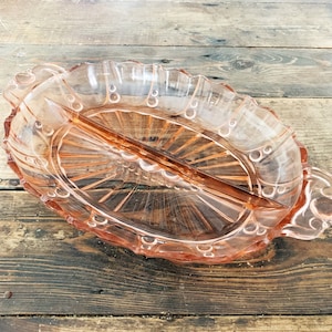Vintage Anchor Hocking Oyster and Pearl Pattern Pink Divided Glass Dish Pink Glass Service Dish Divided Appetizer Dish