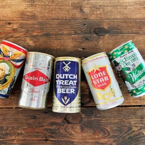 Set of 5 Vintage Steel Aluminum Beer Cans Dutch Treat Grain Belt Falstaff Washington Beer Walter&#39;s St. Patrick&#39;s Day Beer Vintage Bar