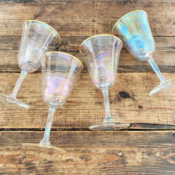 Lot de 4 verres à vin en cristal à vin irisés vintage/verres à xérès/verres à pied irisés/verres à pied antiques/verres à optique opalescente