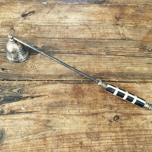Vintage Silver Tone Metal Candle Snuffer Decorative Hinged  Candle Snuffer with Inlay Black White Handle Candle Snuffer
