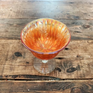 Small Vintage Fenton Glass Co. Marigold Holly Flared Patterned Compote with Clear Stem Orange Carnival Glass Small Pedestal Candy Dish