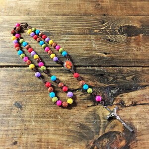 Vintage Brown Cord and Brightly Floral Beaded Rosary with Silver Tone Crucifix/Collectible Catholic Vintage Rosary