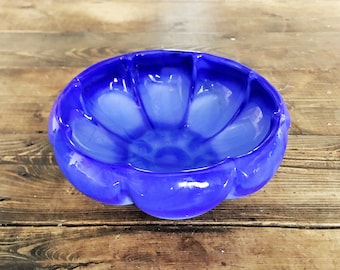 Vintage Empoli Cased Blue 6.5" Glass Pedestal Bowl/Blue Floral Shaped Glass Bowl