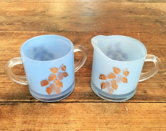 Bartlett Collins Glass Creamer & Sugar Bowl/ Mid Century Blue Glass Gold Leaf Creamer Sugar Set, Vintage Christmas Gift