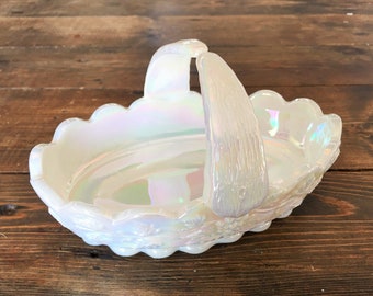 Vintage Westmoreland Iridescent White Milk Glass Basket Small Grape Vine Patterned Glass Basket