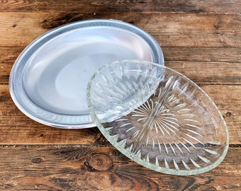 Vintage Pfaltzcraff Clear Divided Glass Serving Dish with Chrome Bottom/Glass Condiment Dish/2 Section Glass Dish/Vintage Entertaining