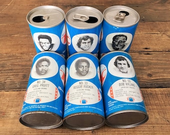 Set of 6 Vintage 1970's RC Cola Football Player Memorabilia Cans Vintage Football Player Stats and Data Trivia Pop Cans RC Cola Memorabilia